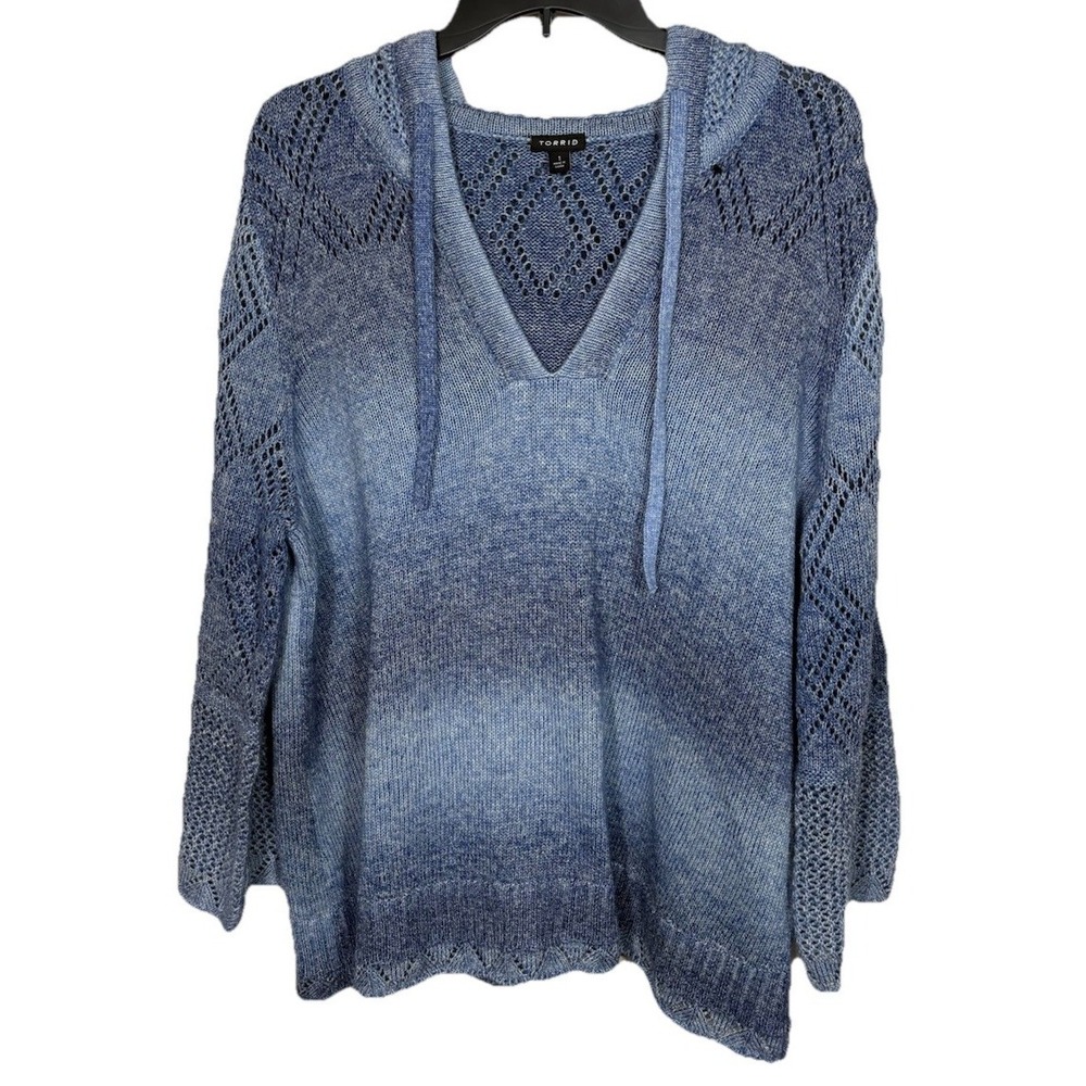 Torrid Knit Crochet Hooded Sweater Size 1X Ombré Blue Cozy Casual